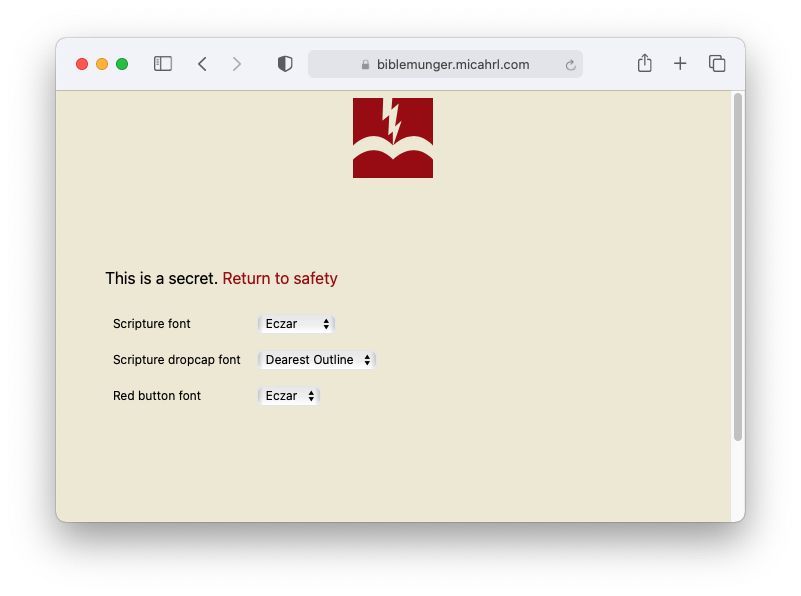 Screenshot of the control panel page on biblemunger